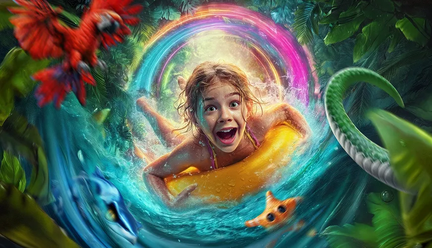Artwork depicting a girl on an inflatable raft in a water tunnel surrounded by tropical vegetation, with rainbow aura and exotic birds
